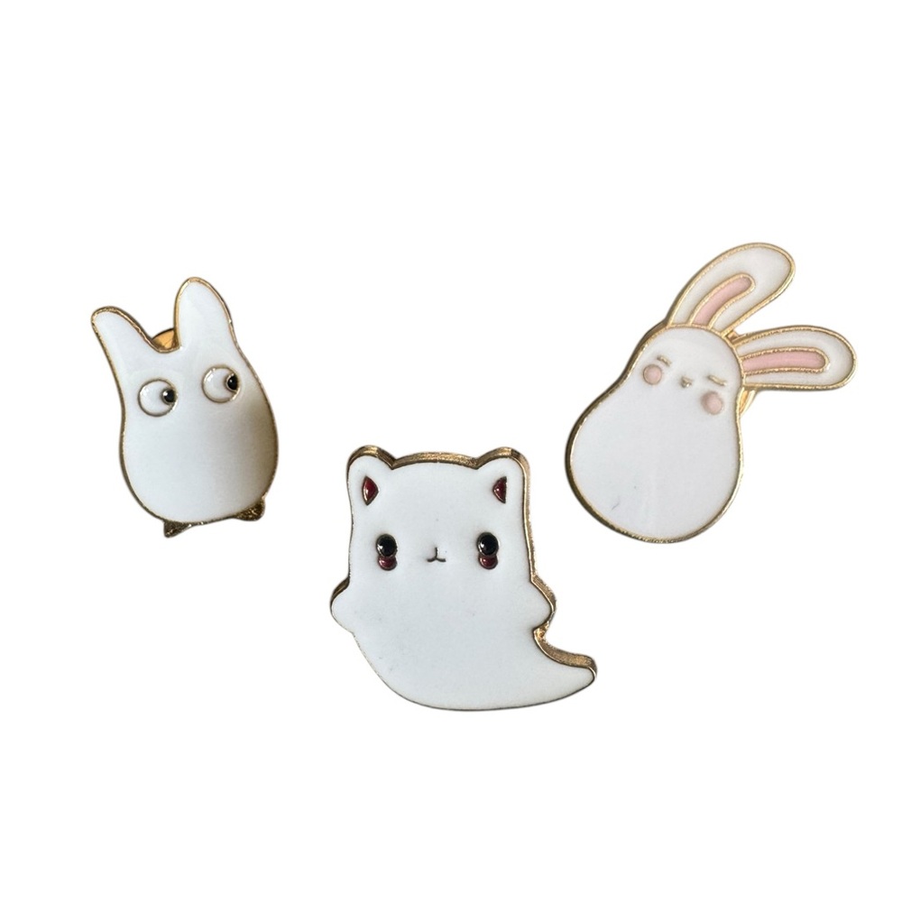 Cute Animal Enamel Pins Set - White and Gold